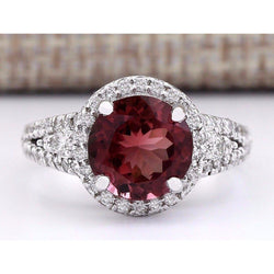 Turmalin und Aus der Erde Abgebauter Natürlicher Diamanten 9 Karat Verlobungsring Gold Weiß 14K
