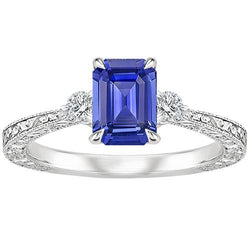 Verlobungsring 3 Steine Smaragdblauer Saphir & Aus der Erde Abgebauter Natürlicher Diamant 3,50 Karat