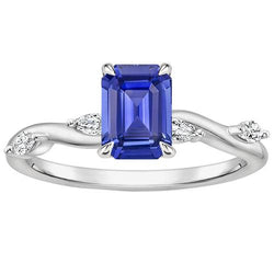 Verlobungsring 5 Steine Smaragdschliff Blauer Saphir & Diamant 4 Karat