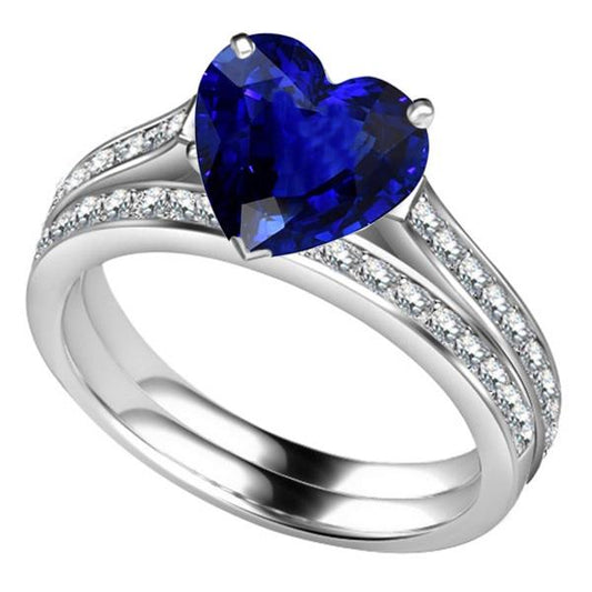 Verlobungsring-Set mit rundem Diamant, blauem Saphir und Band 4 Karat - harrychadent.de