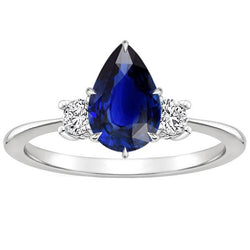 Verlobungsring mit 3 Steinen Birne Ceylon Saphir & Aus der Erde Abgebauter Natürlicher Diamanten 4 Karat