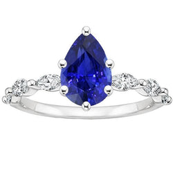 Verlobungsring mit Akzenten Birnenblauer Saphir & Aus der Erde Abgebauter Natürlicher Diamanten 3,75 Karat