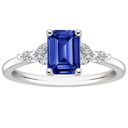 Verlobungsring mit Akzenten Smaragdblauer Saphir & Aus der Erde Abgebauter Natürlicher Diamant 4 Karat