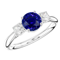 Verlobungsring mit drei Steinen runder blauer Saphir 2.50 Karat Diamanten