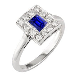 Vintage Stil Halo Ring Smaragdförmiger Saphir 2 Karat Gold Milgrain