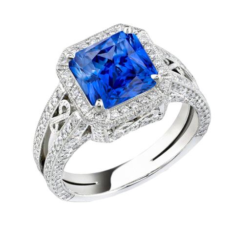 Vintage Stil Halo Saphir Ring Srilanka Milgrain 3 Karat geteilter Schaft - harrychadent.de