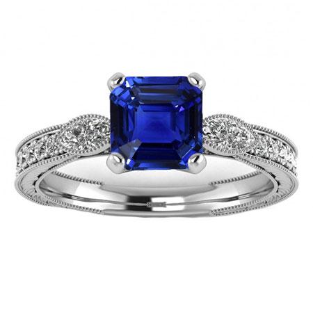 Vintage Style Edelsteinring Asscher Blauer Saphir mit Akzenten 3 Karat - harrychadent.de