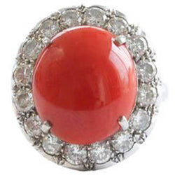 Weißgold 14K 14,50 Ct Rote Koralle Und Aus der Erde Abgebauter Natürlicher Diamanten Verlobungsring Neu