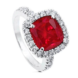 Weißgold 14K 4 Karat Kissen Rubin und Ring mit Aus der Erde Abgebauter Natürlicher Diamanten im Rundschliff