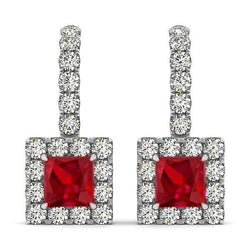 Weißgold 14K Damen Ohrringe 7 ct Rubin mit Aus der Erde Abgebauter Natürlicher Diamanten