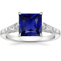 Weißgold 3 Steine Aus der Erde Abgebauter Natürlicher Diamant & Prinzessin Blauer Saphir Ring 5,25 Karat