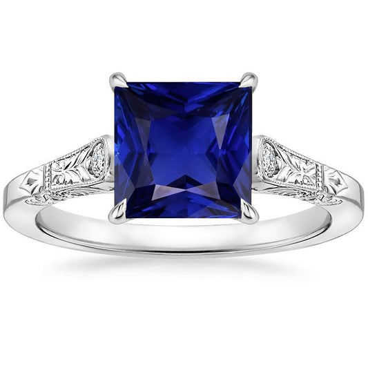 Weißgold 3 Steine Diamant & Prinzessin Blauer Saphir Ring 5,25 Karat - harrychadent.de