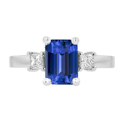 Weißgold 3 Steine Ring Blauer Saphir & Prinzessin Aus der Erde Abgebauter Natürlicher Diamanten 2.50 Karat