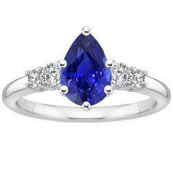 Weißgold 5 Steine Ring Runder Aus der Erde Abgebauter Natürlicher Diamant & Birne Blauer Saphir 3,25 Karat
