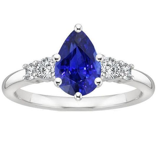 Weißgold 5 Steine Ring Runder Diamant & Birne Blauer Saphir 3,25 Karat - harrychadent.de