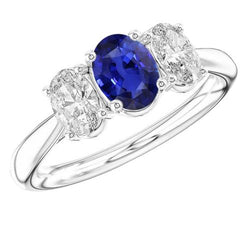 Weißgold Aus der Erde Abgebauter Natürlicher Diamant Drei Steine Ring Oval Blauer Saphir 2,50 Karat