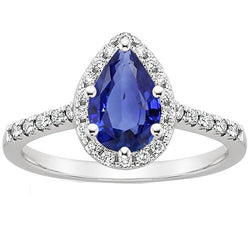 Weißgold-Diamant-Halo-Edelsteinring 6 Karat blauer Saphir im Birnenschliff