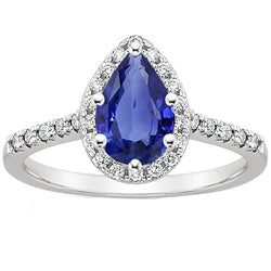 Weißgold-Aus der Erde Abgebauter Natürlicher Diamant-Halo-Edelsteinring 6 Karat blauer Saphir im Birnenschliff