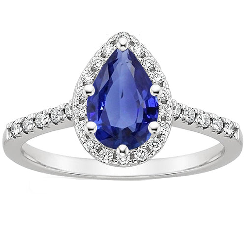 Weißgold-Aus der Erde Abgebauter Natürlicher Diamant-Halo-Edelsteinring 6 Karat blauer Saphir im Birnenschliff