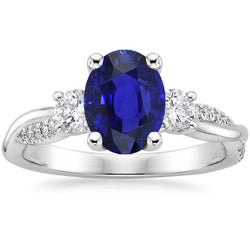 Weißgold Aus der Erde Abgebauter Natürlicher Diamantring Oval Blauer Saphir 3 Steine Stil 6,50 Karat