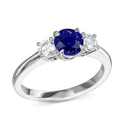 Weißgold Drei-Steine-Ceylon-Saphir-Ring & runde Aus der Erde Abgebauter Natürlicher Diamanten 2 Karat