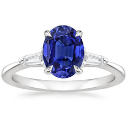 Weißgold Drei-Steine-Ring Ceylon Saphir & Aus der Erde Abgebauter Natürlicher Diamanten 2,50 Karat