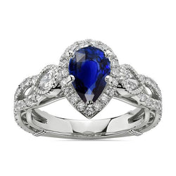 Weißgold Halo Blue Saphir Ring & Aus der Erde Abgebauter Natürlicher Diamanten 4 Karat