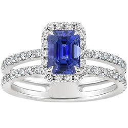 Weißgold Halo Ring Smaragd blauer Saphir & Aus der Erde Abgebauter Natürlicher Diamant 5 Karat