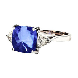 Weißgold Kissen Ceylon Blauer Saphir Diamant 3 Karat 3 Steine Ring