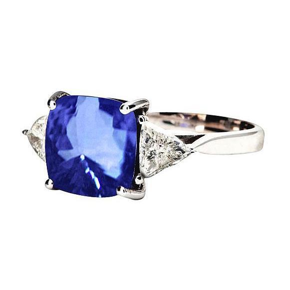 Weißgold Kissen Ceylon Blauer Saphir Diamant 3 Karat 3 Steine Ring - harrychadent.de