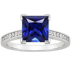 Weißgold-Verlobungsring Prinzessin Blauer Saphir & Aus der Erde Abgebauter Natürlicher Diamant 4 Karat