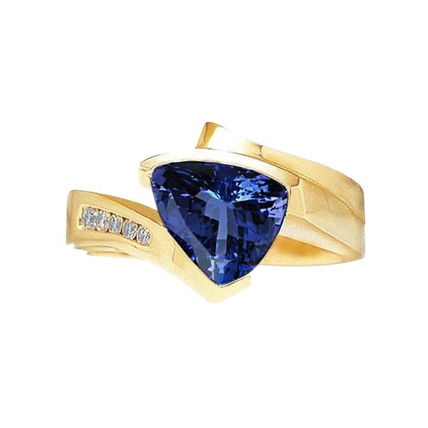 Wunderschöner Tansanit Trillion Diamanten Gelbgold Ring 1,95 Karat