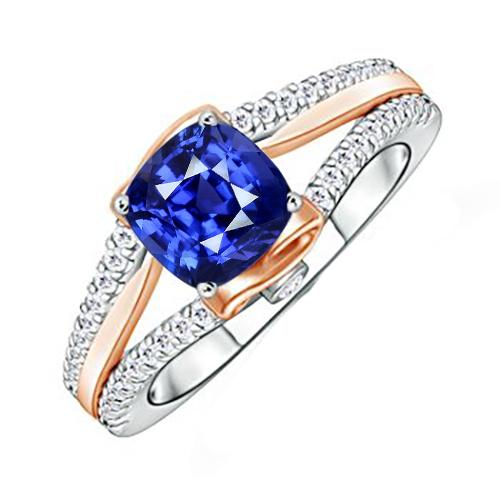 Zweifarbiger Diamant-Verlobungsring mit Kissen Blauer Saphir 2.50 Karat - harrychadent.de