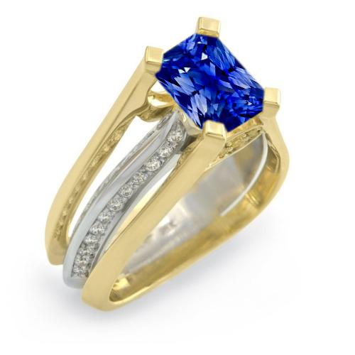 Zweifarbiger Gold-Diamantring Strahlender Ceylon-Saphir 3 Karat geteilter Schaft - harrychadent.de