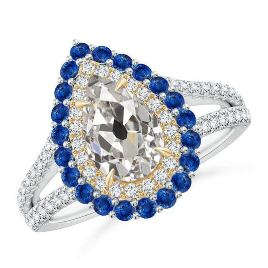 Zweifarbiger Halo-Diamantring Birne Altschliff mit blauen Saphiren 5 Karat - harrychadent.de