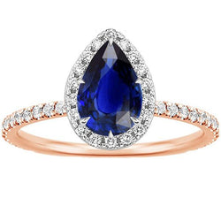 Zweifarbiger Halo-Ring Birnenblauer Saphir & Aus der Erde Abgebauter Natürlicher Diamanten 4 Karat Schmuck