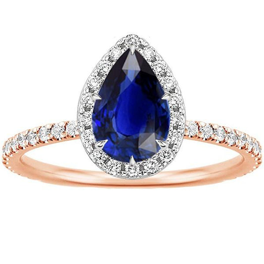 Zweifarbiger Halo-Ring Birnenblauer Saphir & Diamanten 4 Karat Schmuck - harrychadent.de