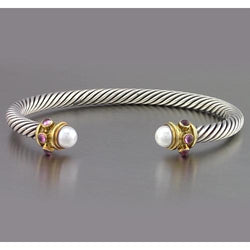 Zweifarbiges Gold 14K Perle & Rosa Saphir Armband 0,30 Karat Schmuck